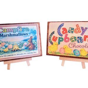 2 Pc Set 4X6 Handmade Vintage Inspired Wood Easter Candy Signs With Stands